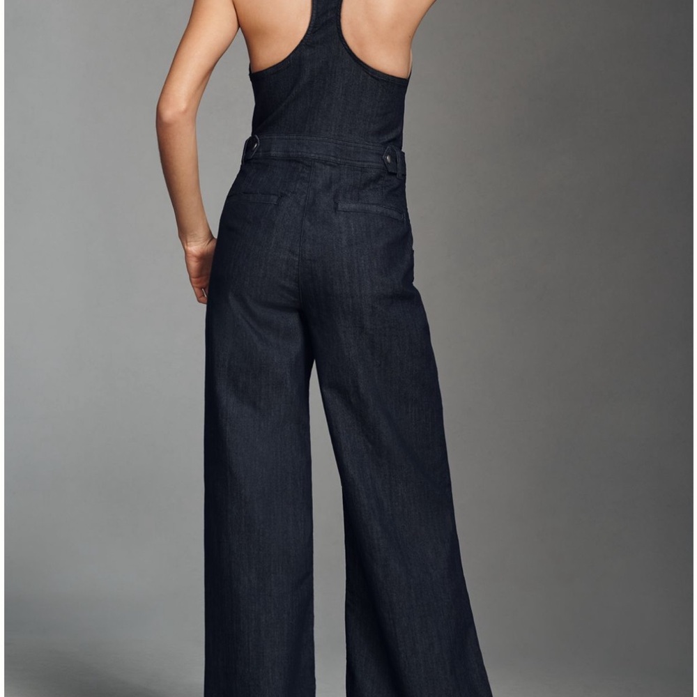 Maeve Anthropologie Sleeveless V-Neck Flare Denim Jumpsuit - Picture 3 of 7